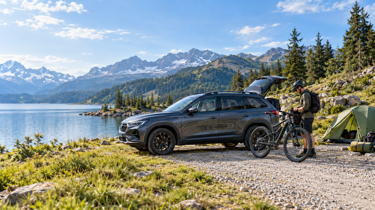 Coche, bicicleta de montaña y zona de acampada junto a un lago en un paisaje de montaña luminoso