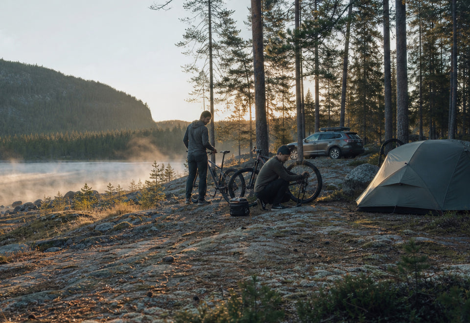 Cyclists preparing beside a forest lake